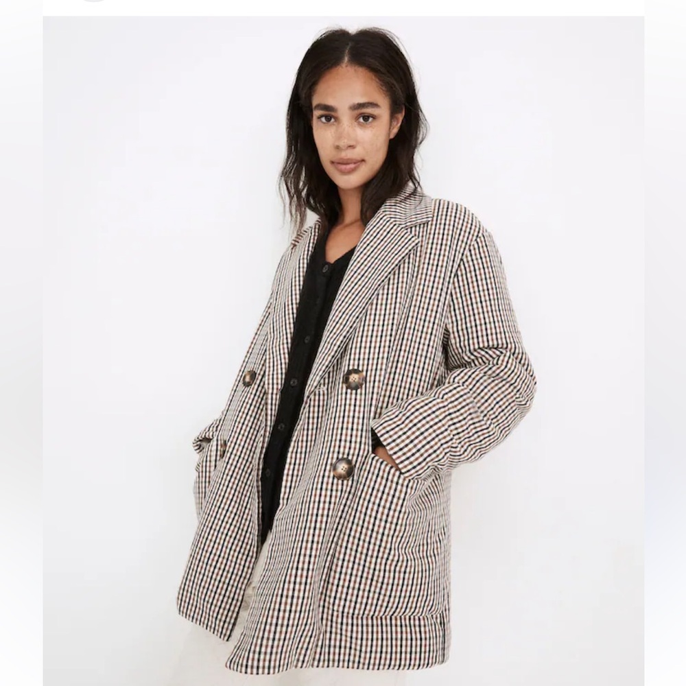 Madewell Blazer Jacket Size XS Cream Black Brown Plaid Quilted Double Breasted